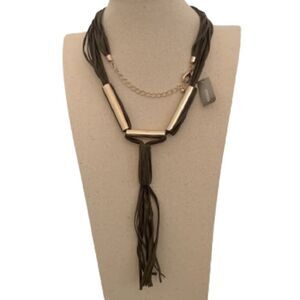 Chico’s Olivia Pendant – Long Olive Suede Lariat with Silver Tone Bars